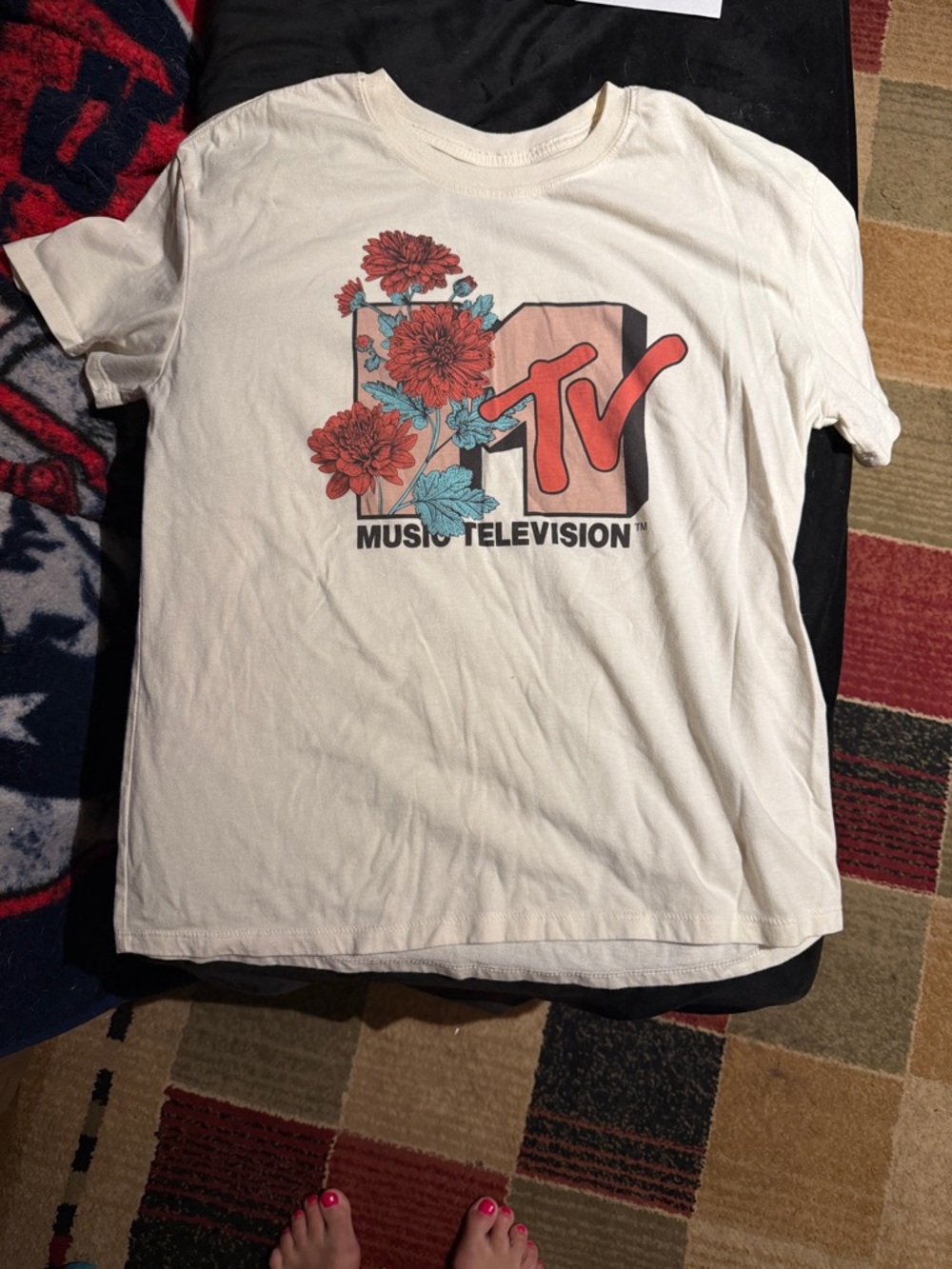 MTV Cream Tee with Coral & Teal Logo Accent